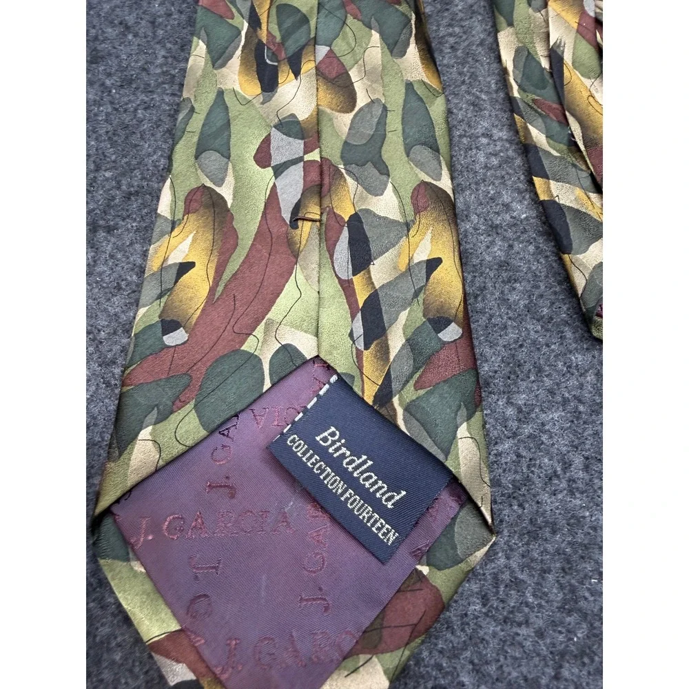 J. Garcia Birdland Collection Fourteen Silk Tie Extra Long Green Brown Abstract